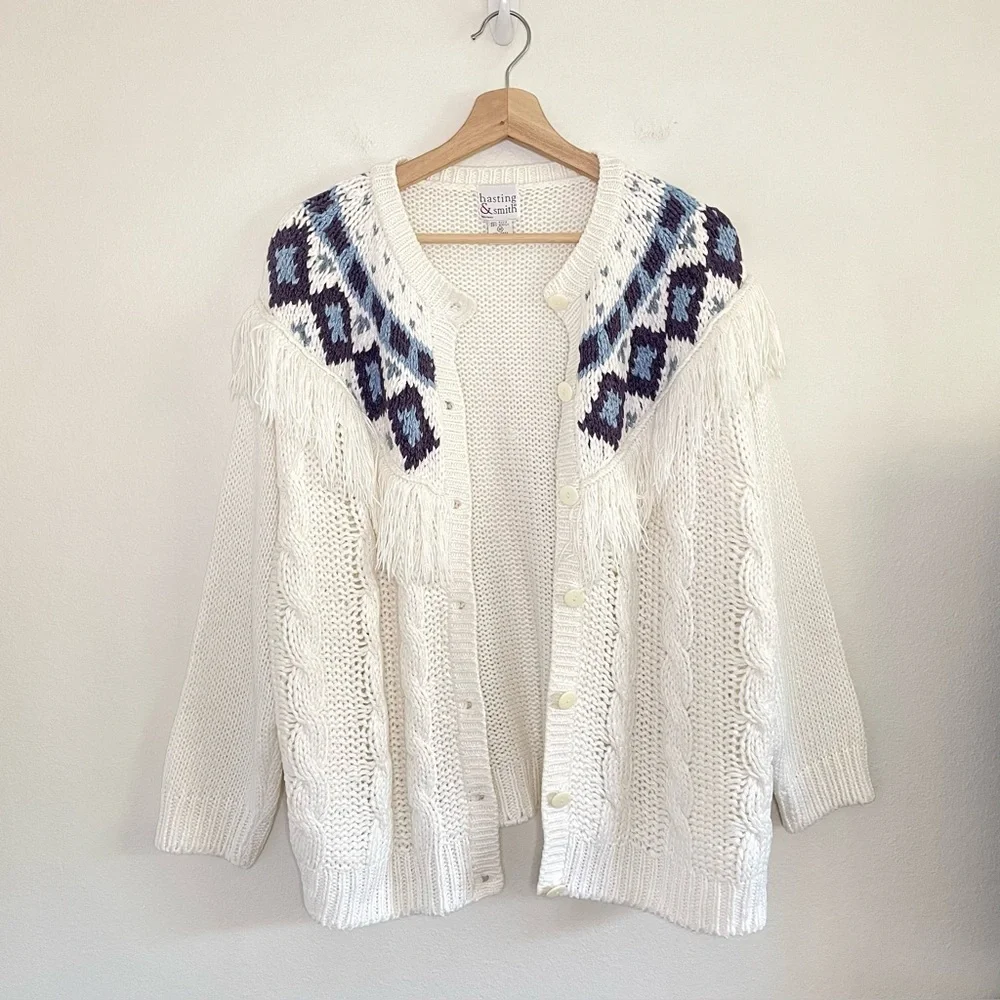 Vintage Nordic Fair Isle Fringe Yoke Cardigan Cable Knit Sweater 80s 90s Medium